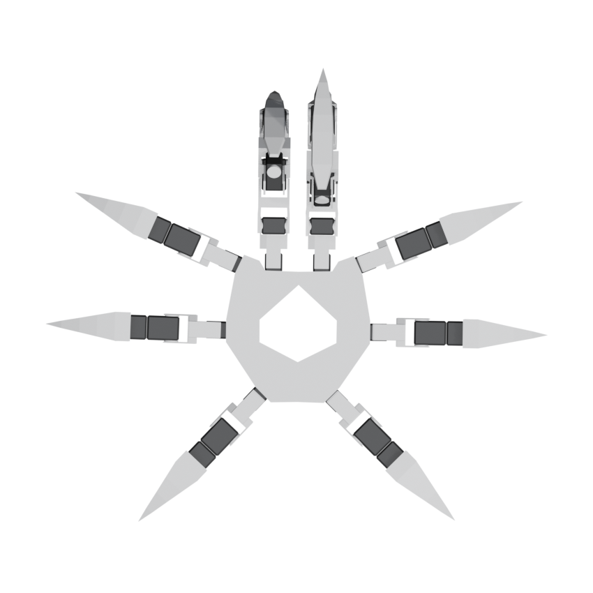 Mechamon — a render of the v1 prototype: a six-legged walking robot with folding arms